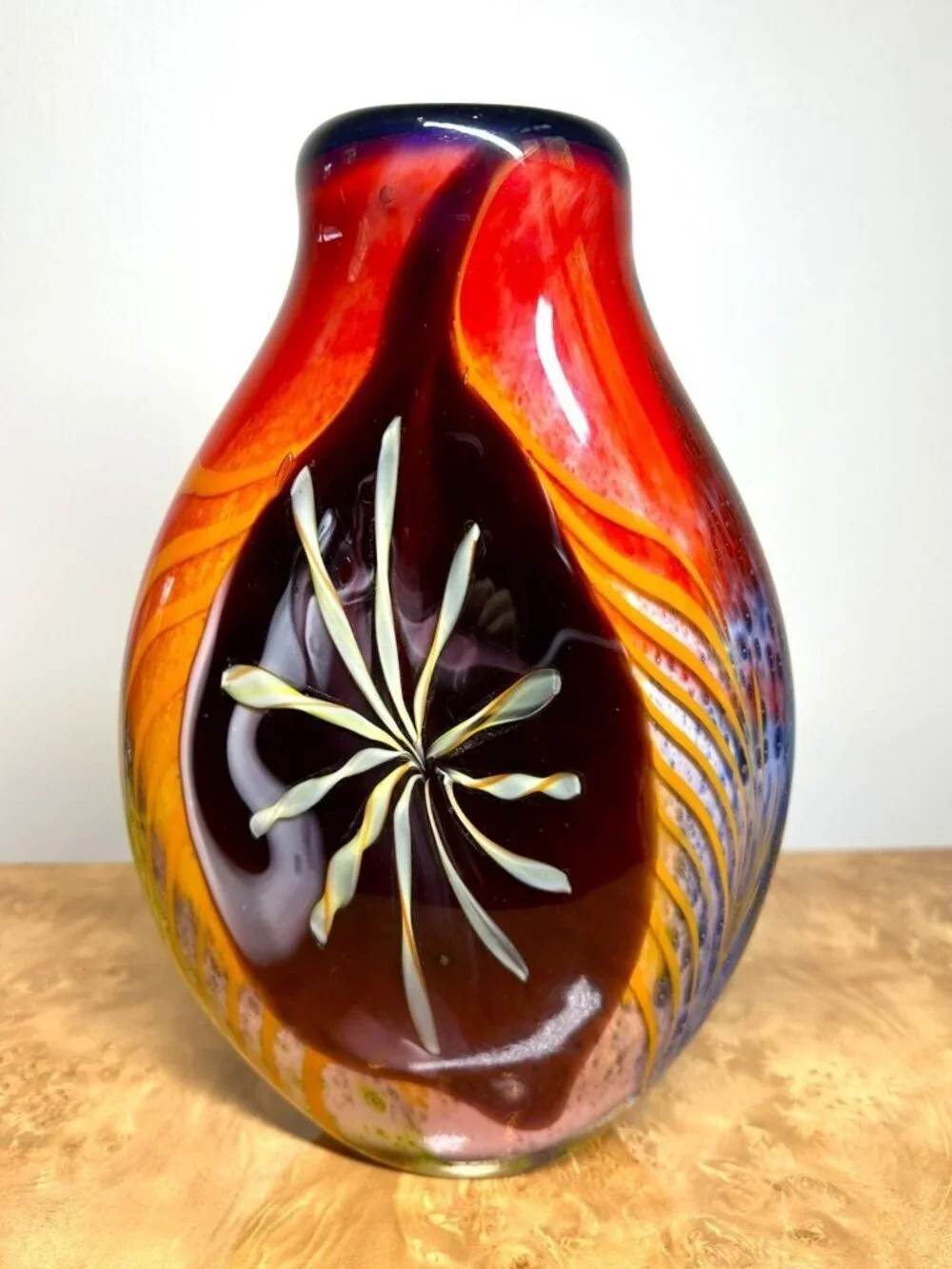 Large Hand Blown Studio Art Glass Vase Sculptural Vessel Red Blue Yellow Black